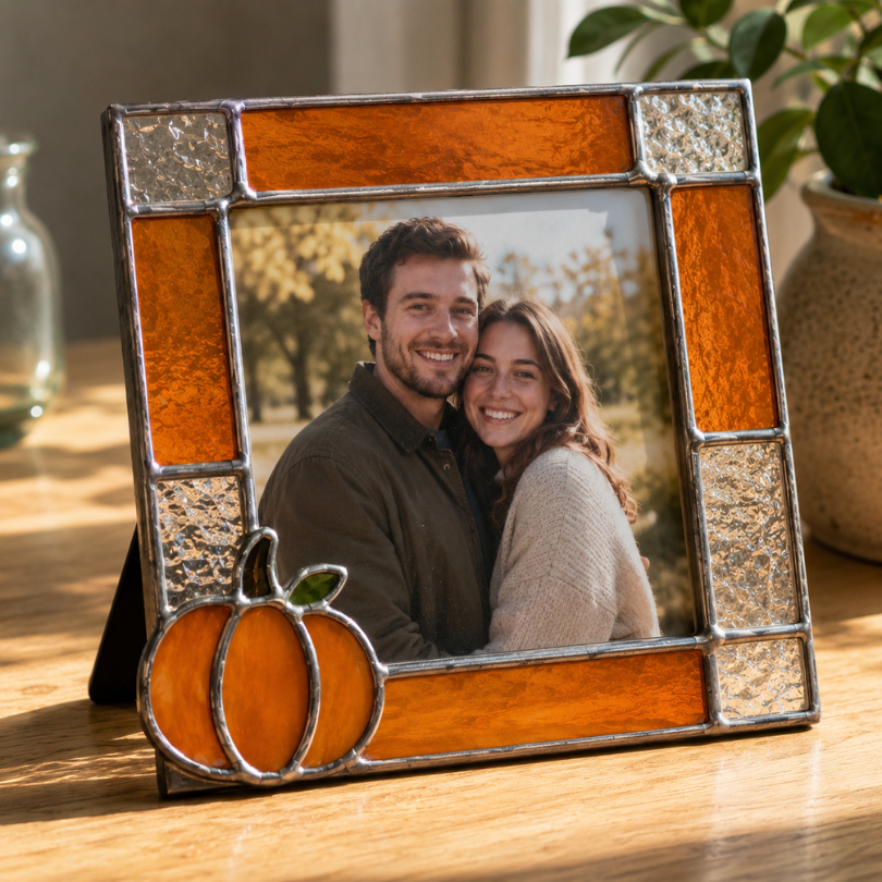 Stained glass photo frame with amber panels and a pumpkin accent holding a couple's autumn portrait