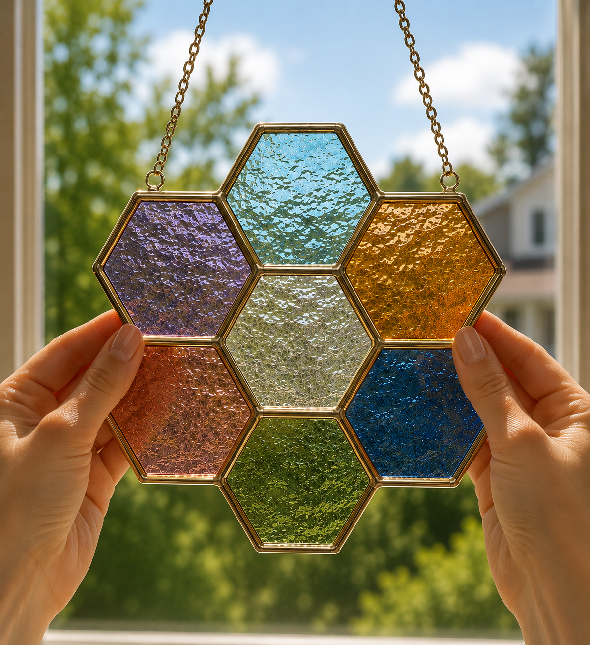 Textured jewel-tone stained glass hexagon suncatcher held up in warm window light.