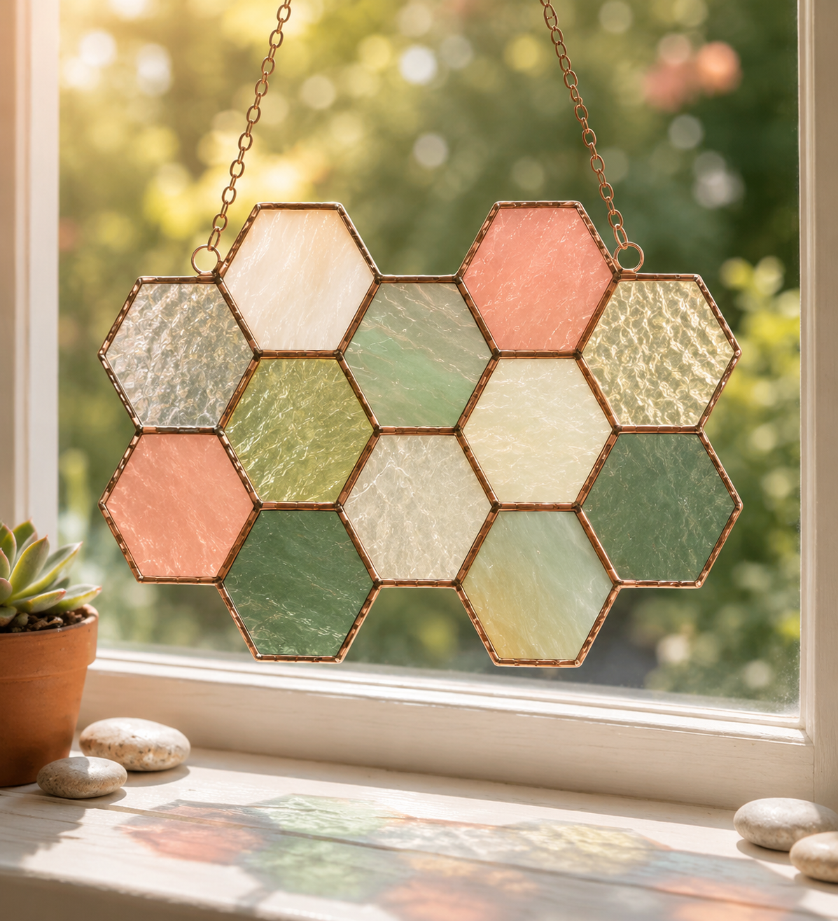 Pastel stained glass honeycomb suncatcher in sage, blush, and cream tones hanging in sunlight.