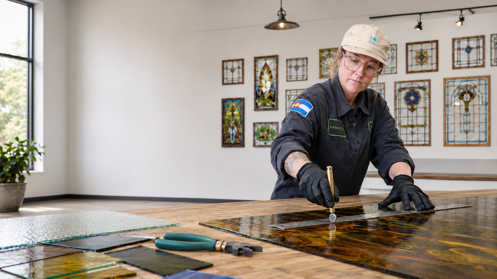 Instructor soldering stained glass with focus and precision