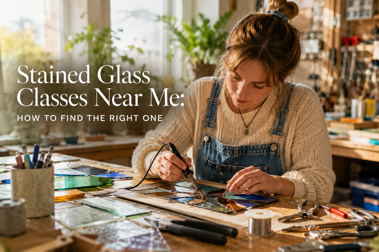 Beginner student taking a stained glass class near Denver at a Centennial, Colorado studio