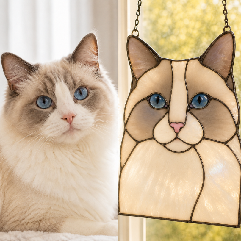 A blue-eyed cat photo next to its finished stained glass portrait