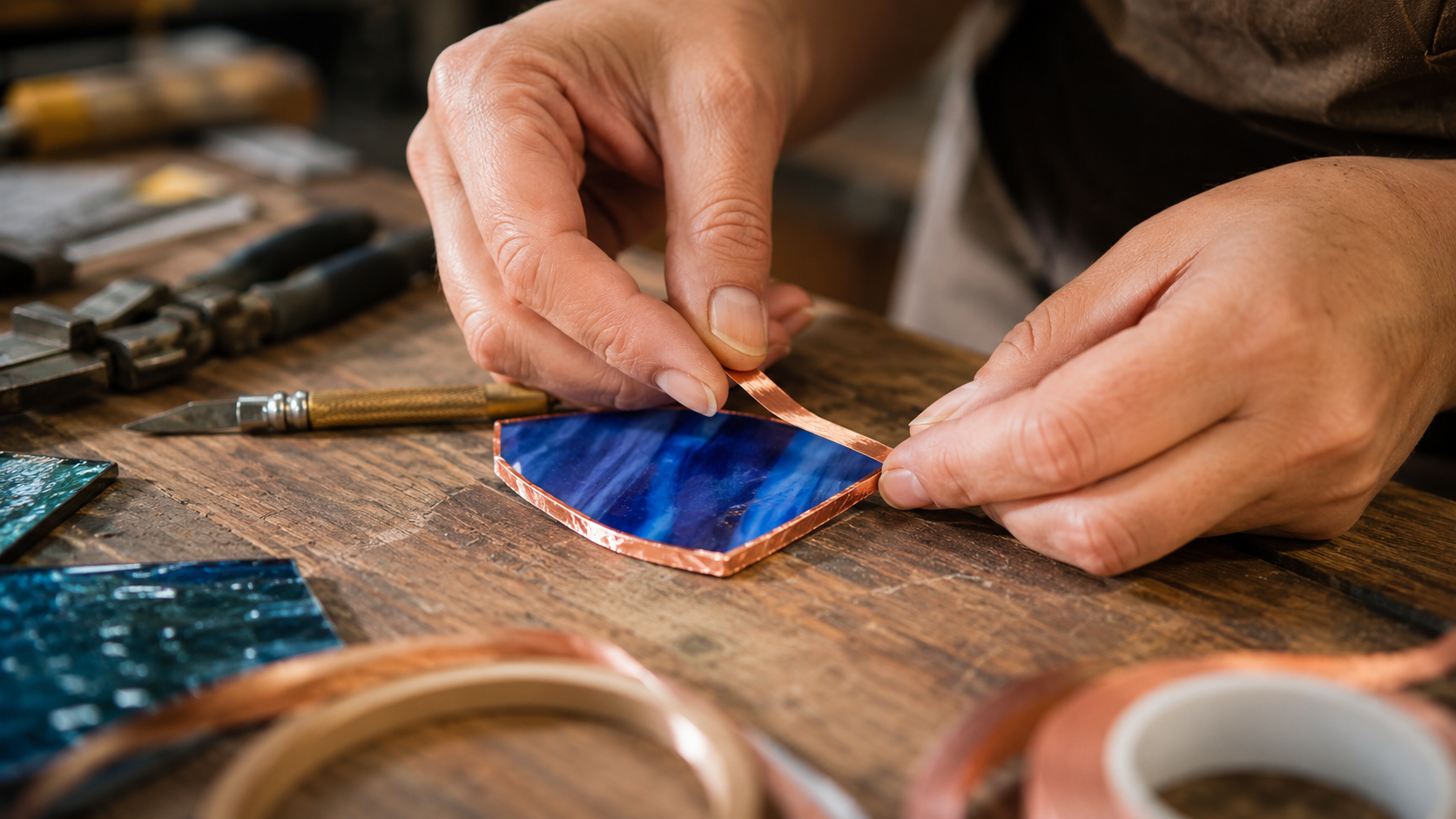 Students in a beginner stained glass class at a Centennial, Colorado studio
