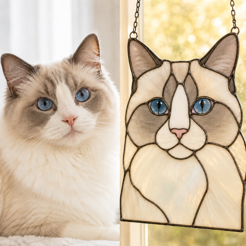 A ragdoll cat photo beside a handmade stained glass cat portrait