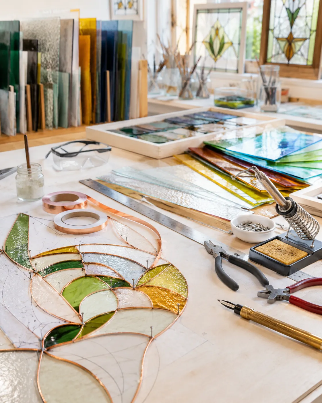Students taking stained glass classes in the Scottish Stained Glass Centennial studio in Denver — copper foil workshop with real studio tools