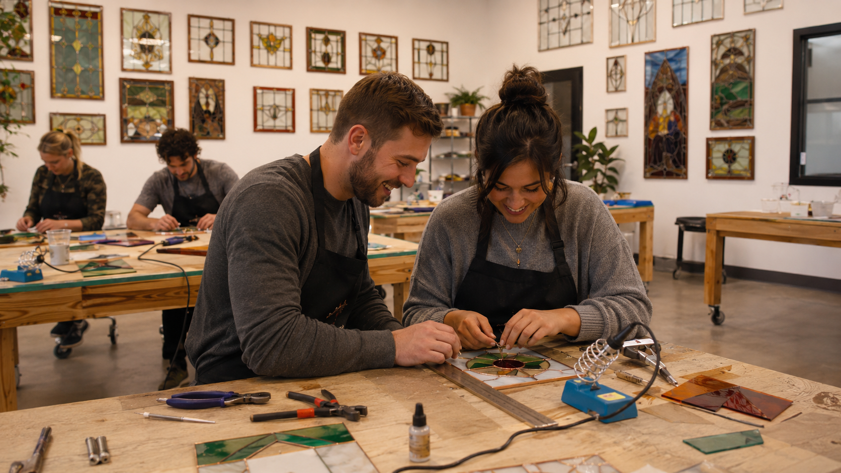 A couple making stained glass together on a date night at a Centennial, Colorado studio