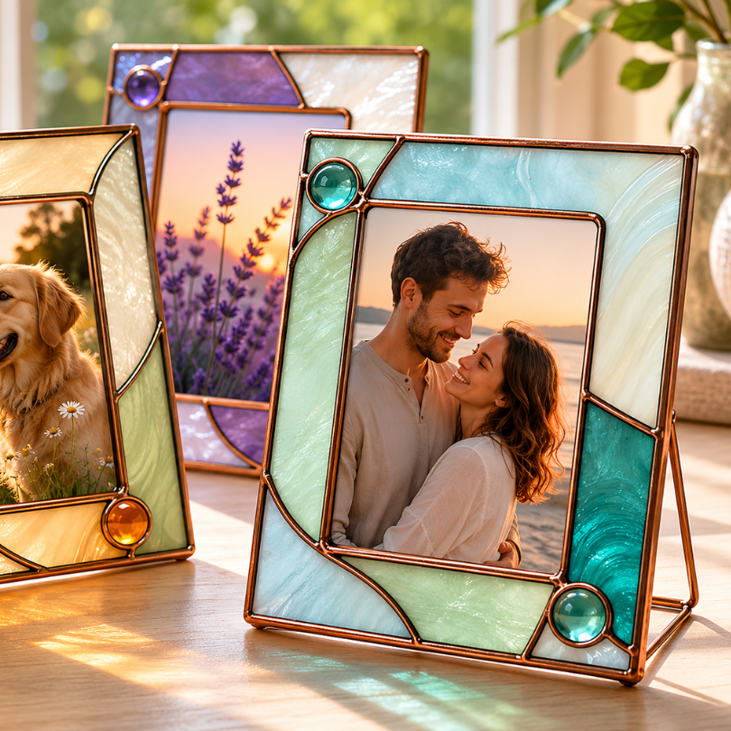 Three handmade stained glass photo frames in pastel colors with copper came, holding portraits and lavender