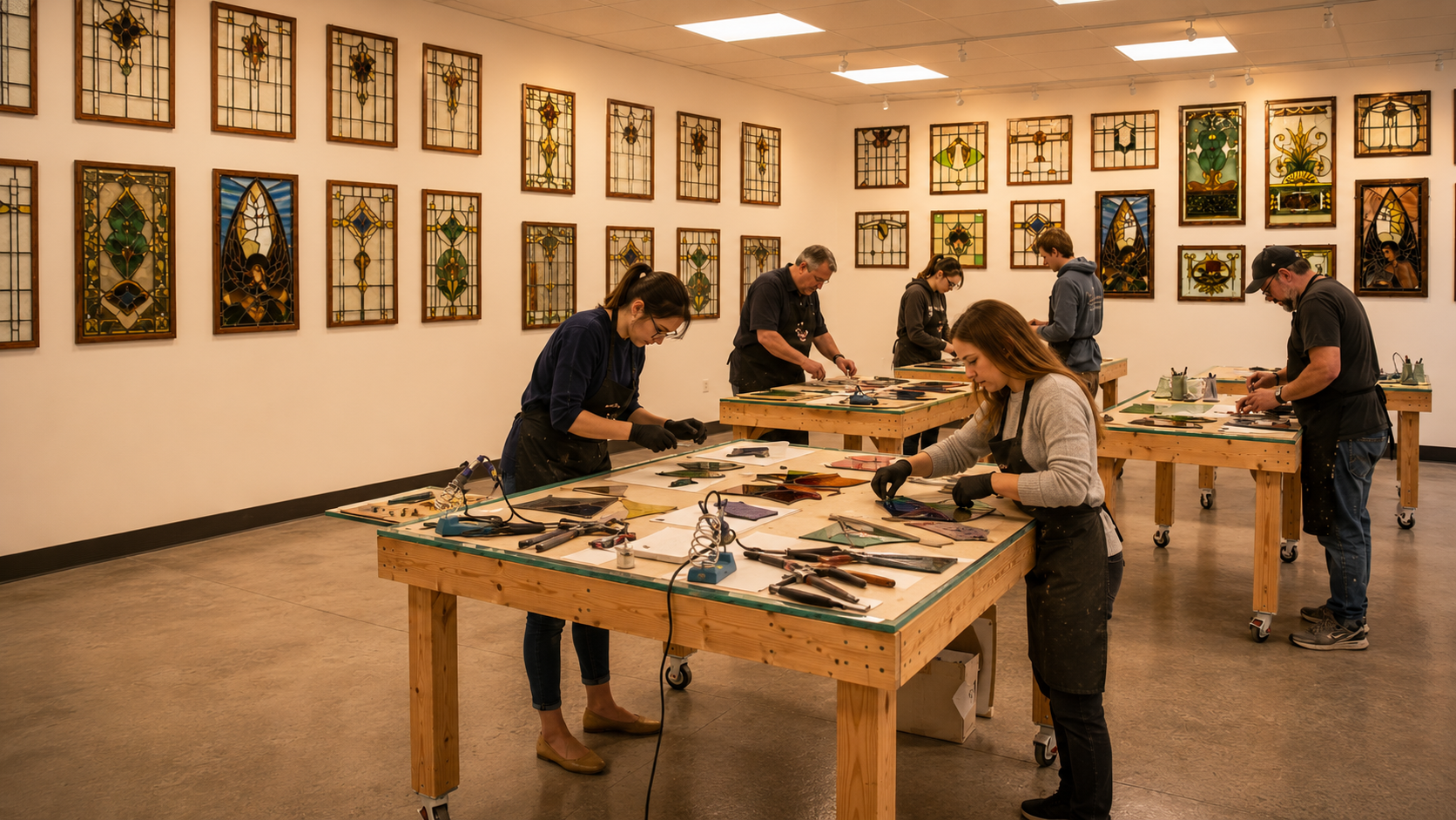 Students working in the stained glass studio