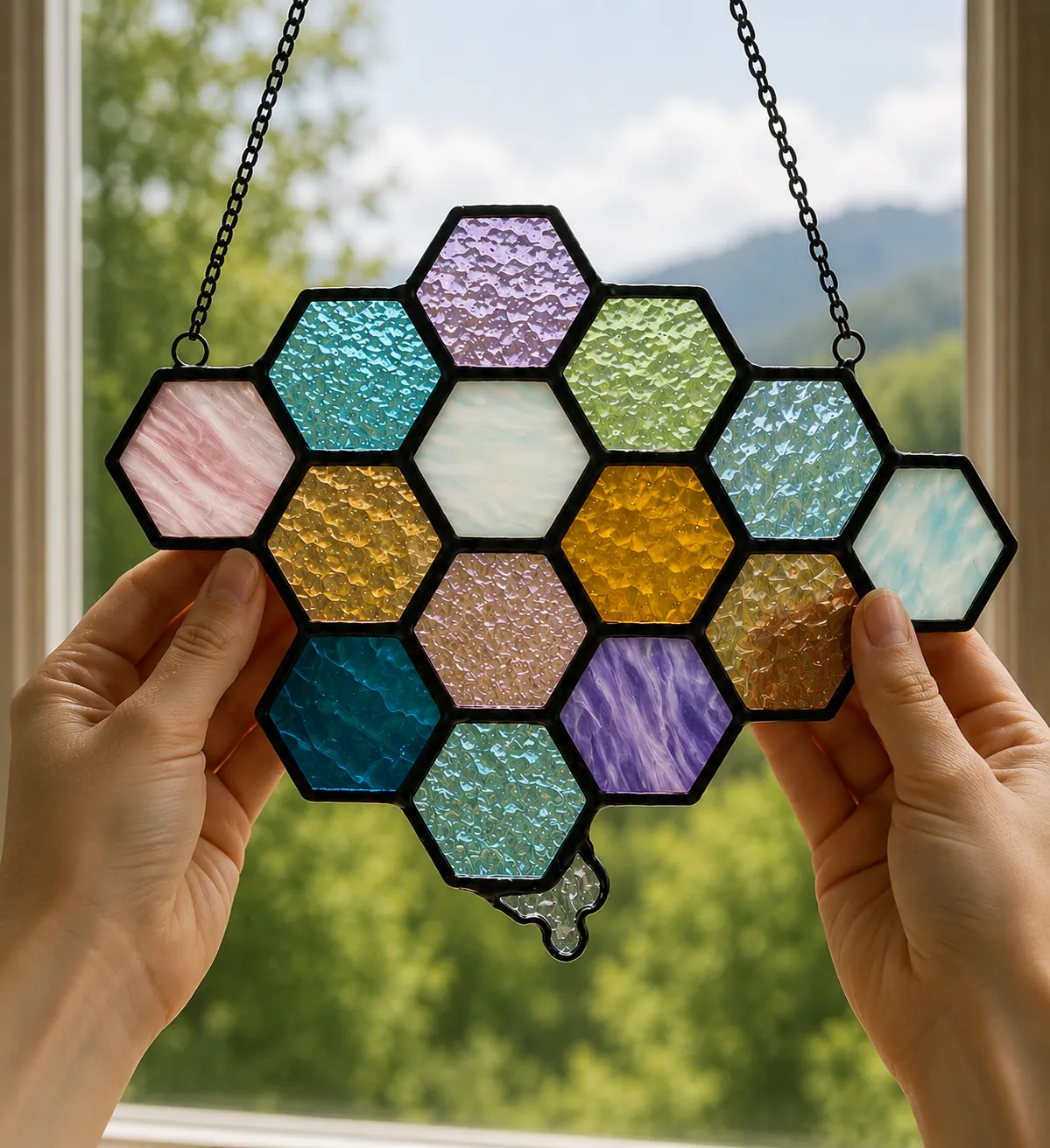 Copper Foil Level 1 stained glass suncatcher held in the studio light