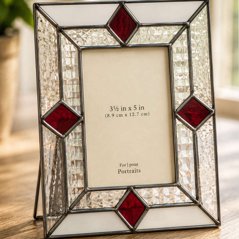 Textured clear stained glass photo frame accented with ruby red diamond pieces