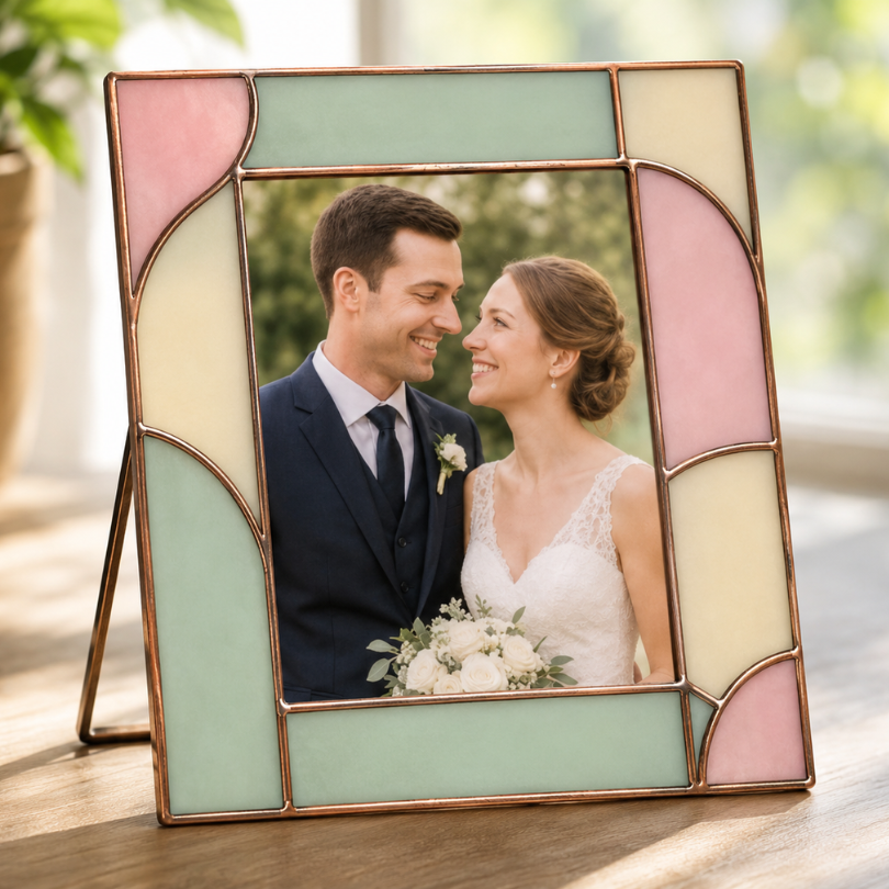 Pastel pink, green and cream stained glass frame around a wedding portrait